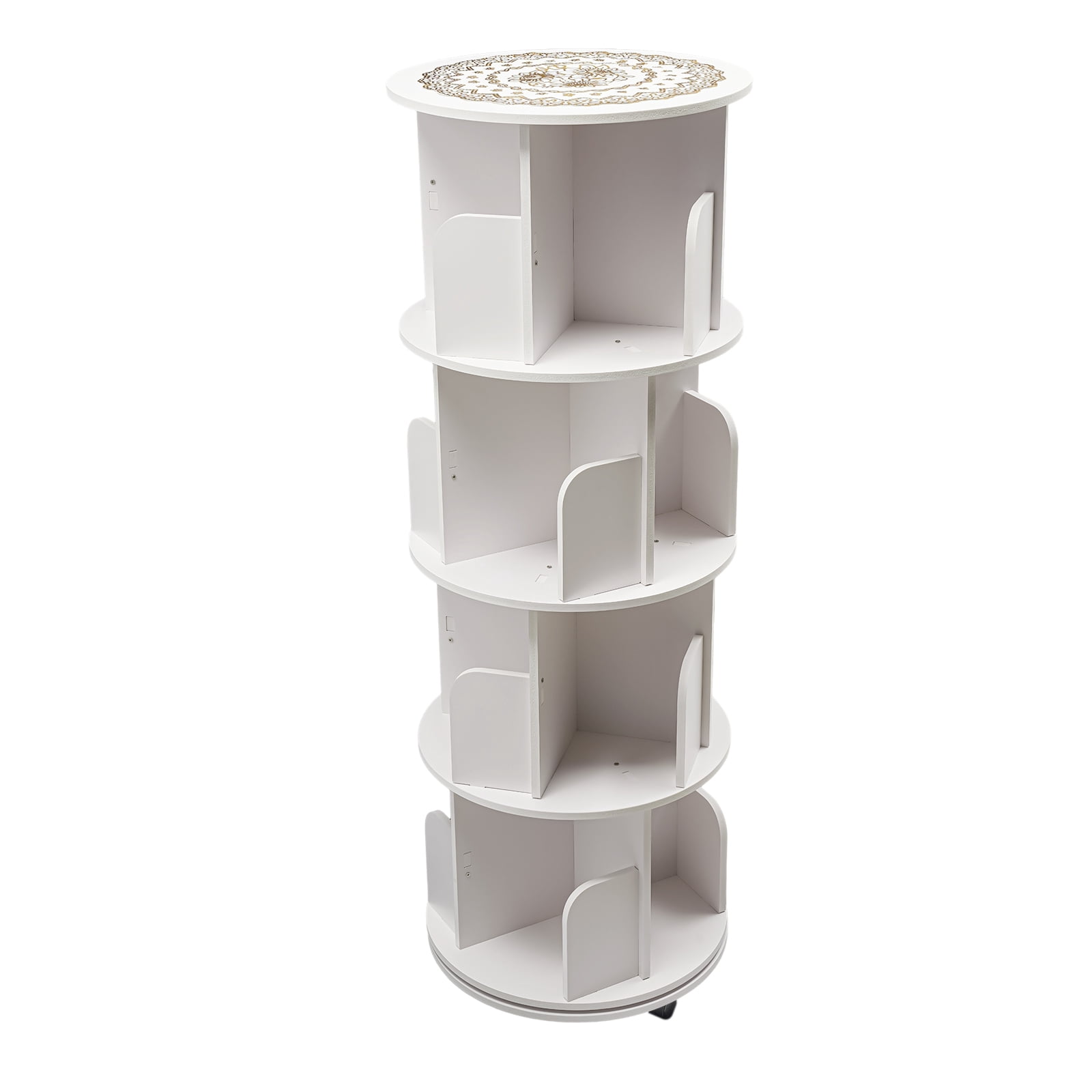 Wildnix Four-Tier Rotating Bookshelf with Stainless Steel Circular Base, &nbsp; Wheels, and Baffles for Organizing Books and Magazines in Style