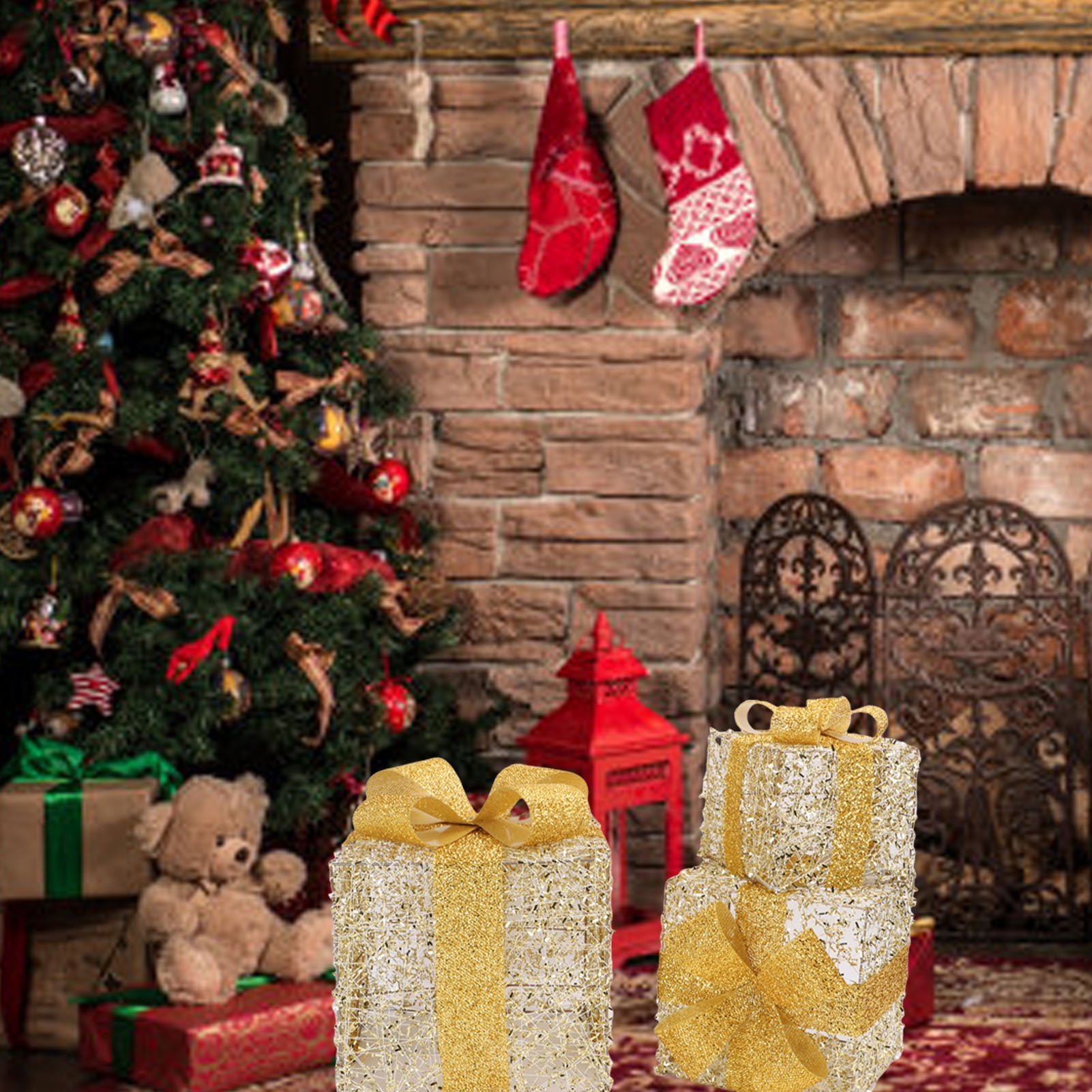 3-Piece Lighted Gold Iron Christmas Gift Box Decor - Battery-Powered String Light Xmas Present Boxes with Sequin Bow for Tree Skirt Yard Porch Holiday Decor