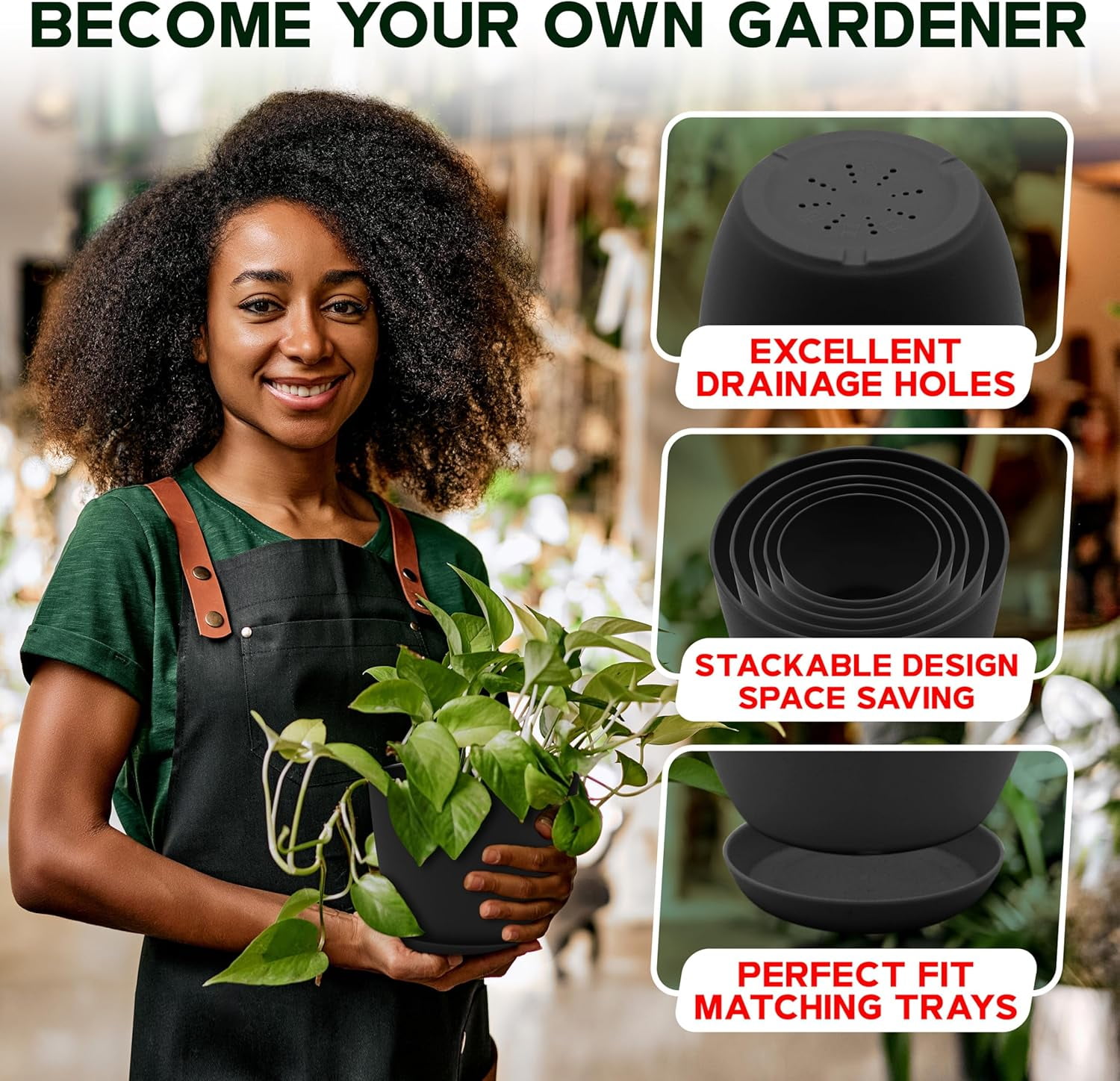 Campior Plastic Plant Pots with Drainage, Stackable Design for Indoor/Outdoor Use, Pack of 10, Black