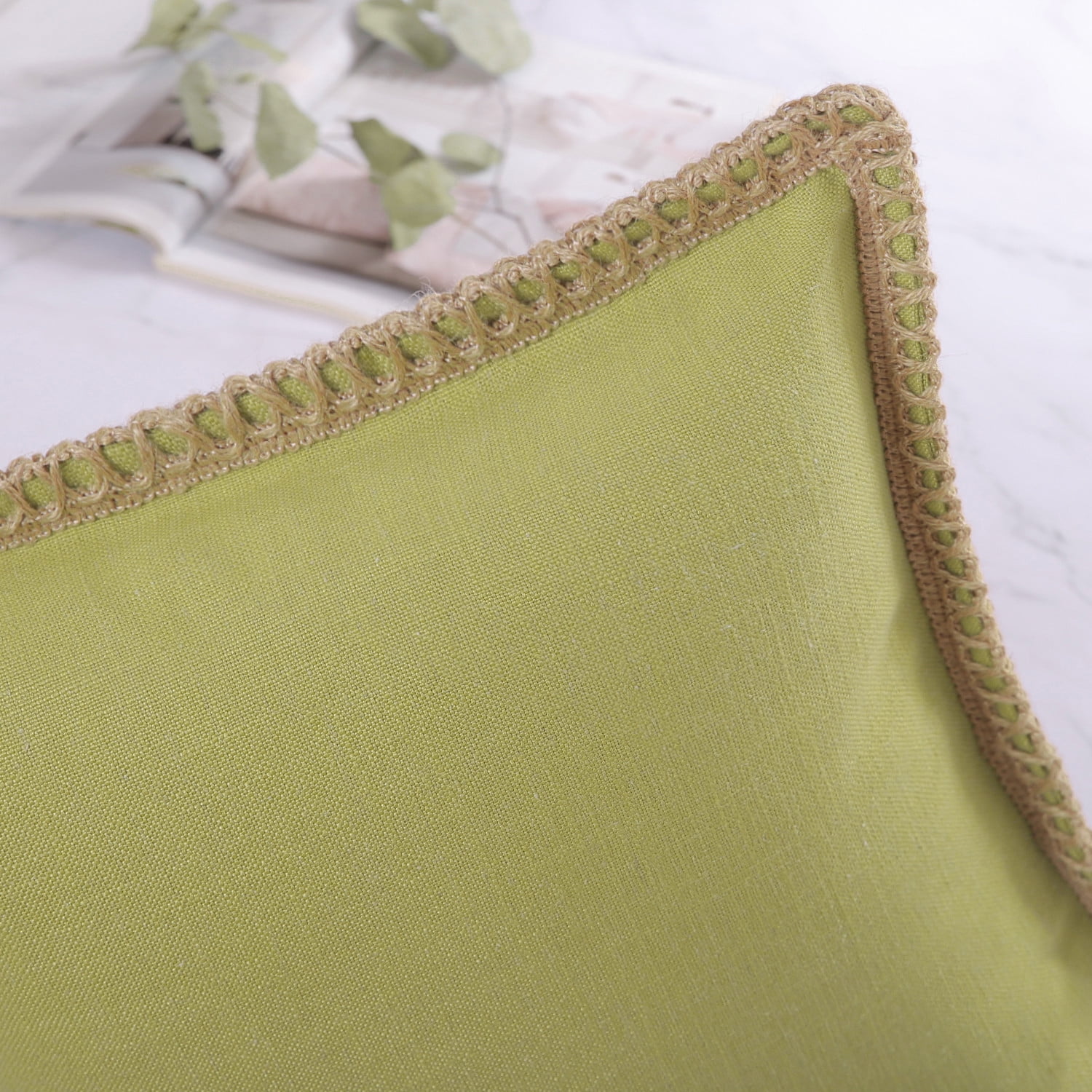 Phantoscope Linen Trimmed Farmhouse Series Decorative Throw Pillow, 20" x 20", Water Green, 1 Pack