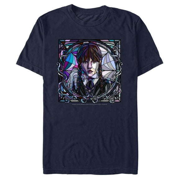 Men's Wednesday Stained Glass Addams Portrait Graphic Tee Navy Blue 2X Large