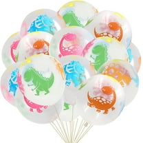 10pcs dinosaur printed transparent latex balloons, decorated with green, pink, and orange dinosaur printed transparent balloons for children's birthday parties