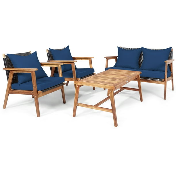 Patiojoy 4-Piece Outdoor Rattan Furniture Set – Cushioned Sofa, 2 Chairs & Coffee Table, Brown