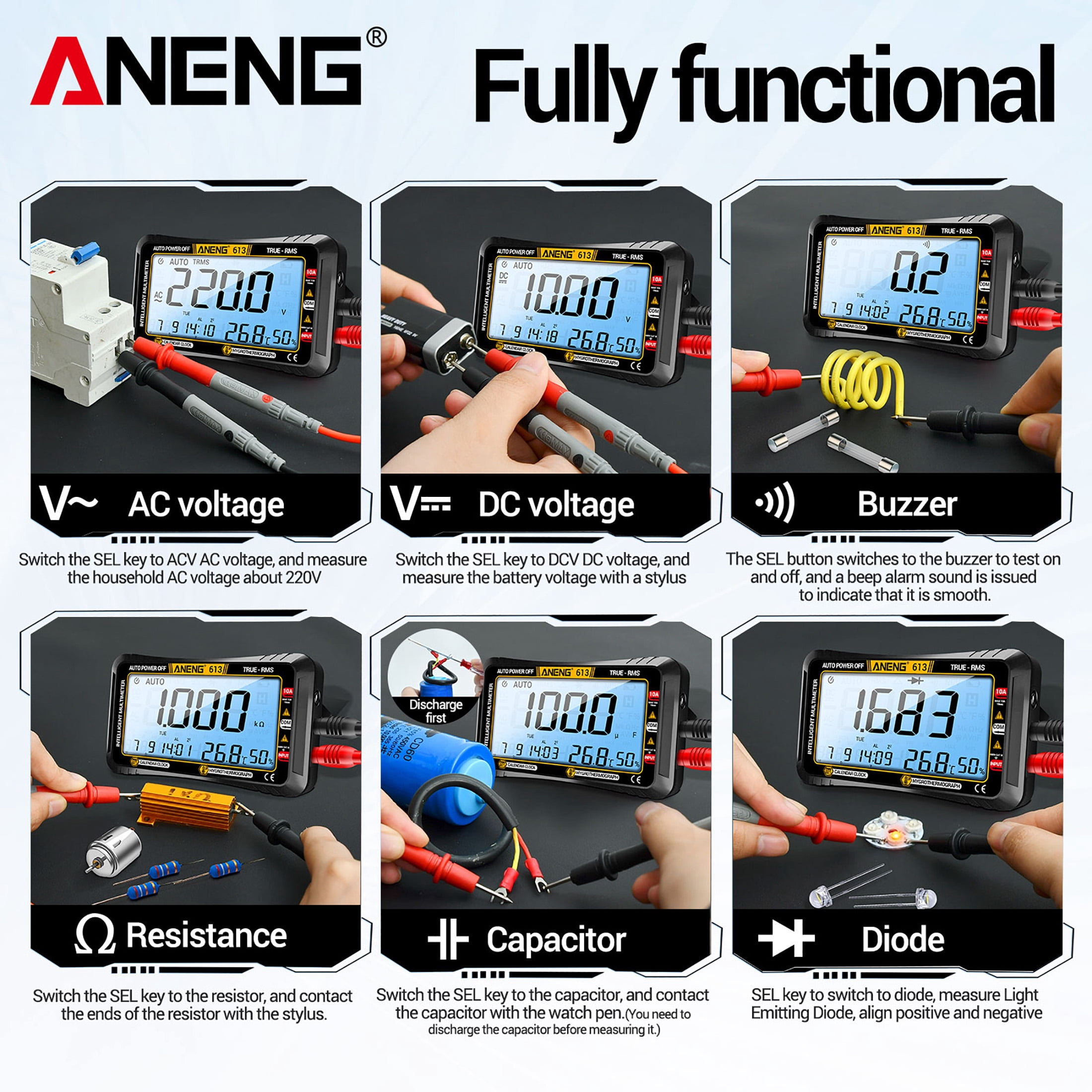 ANENG Digital Multimeter, 4000 Counts TRMS Auto-Ranging Tester for AC/DC Voltage, Current, Resistance, with LCD Display
