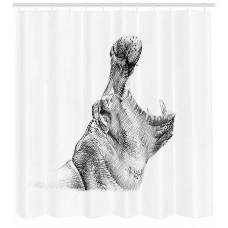 Shower Pencils - Hippo Shower Curtain, Hand-Drawn Pencil Sketch Style Digital Image Hippopotamus Portrait Yawn Figure, Fabric Bathroom Set with Hooks, 69W X 84L Inches Extra Long, Black and White, by Ambesonne