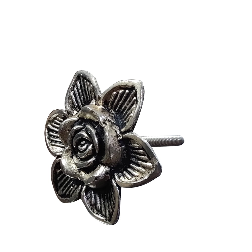 Perilla Home Set of 6 Floral Silver Metal Knobs Pull And Push For Handles Cabinet Door Home Interior Decorative Knobs for Home Kitchen Cupboard Bedroom Dresser Wardrobe Drawer Pulls