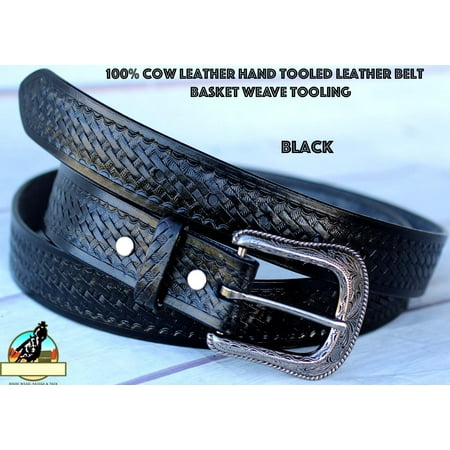 Hand Tooled Black Leather - BLACK HANDMADE BASKET WEAVE TOOL WESTERN LEATHER MENS BELT 2609RS02BK1