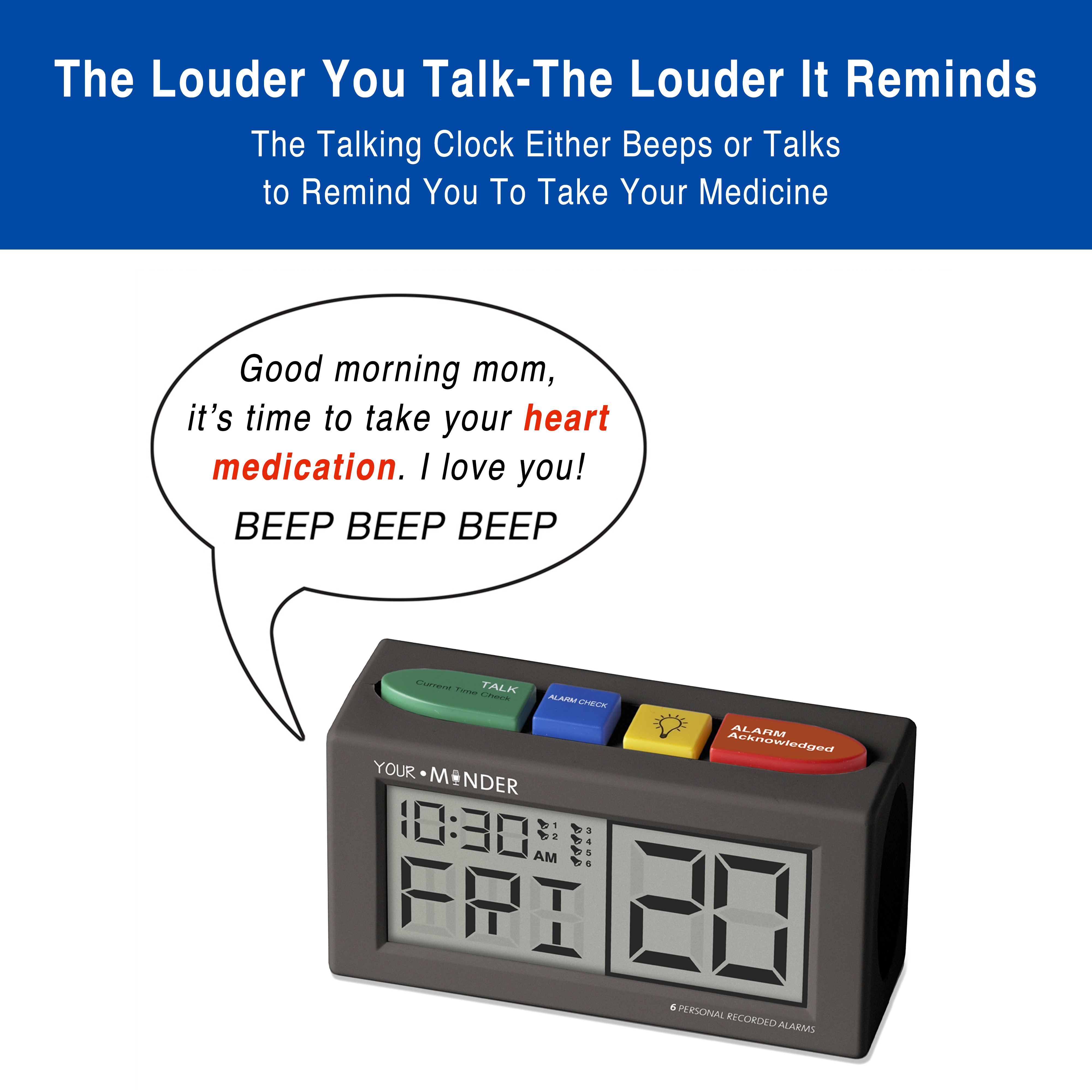 FSA/HSA MEDCENTER Your Minder Voice Record & Alarm Clock – Loud, Easy-to-Set Custom Voice Recording for Medication Alerts, Multicolor, 0.30 Pound