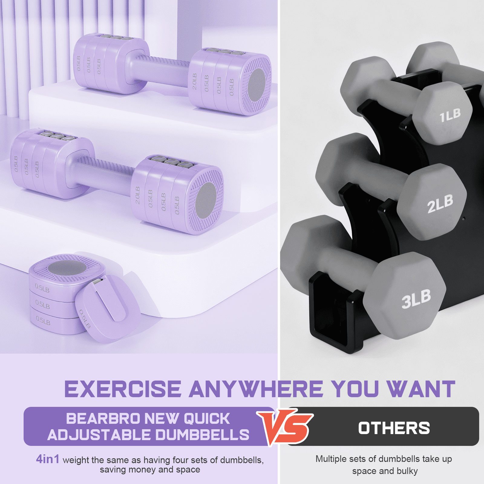 GIKPAL 5lbs*2 Adjustable Dumbbells Set, 4-in-1 Free Weights for Women, Each 2lb 3lb 4lb 5lb Hand Weights for Home Gym, Purple