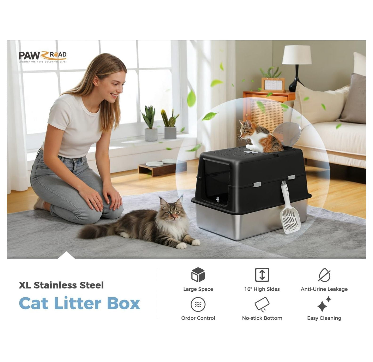 LXKJ Stainless Steel Cat Litter Box, XL Extra Large Enclosed Litter Box with Non-Sticky Metal Pan, 16" High Sides& Anti-Leakage with, Front & Top Dual Entry for Big Cats, Black