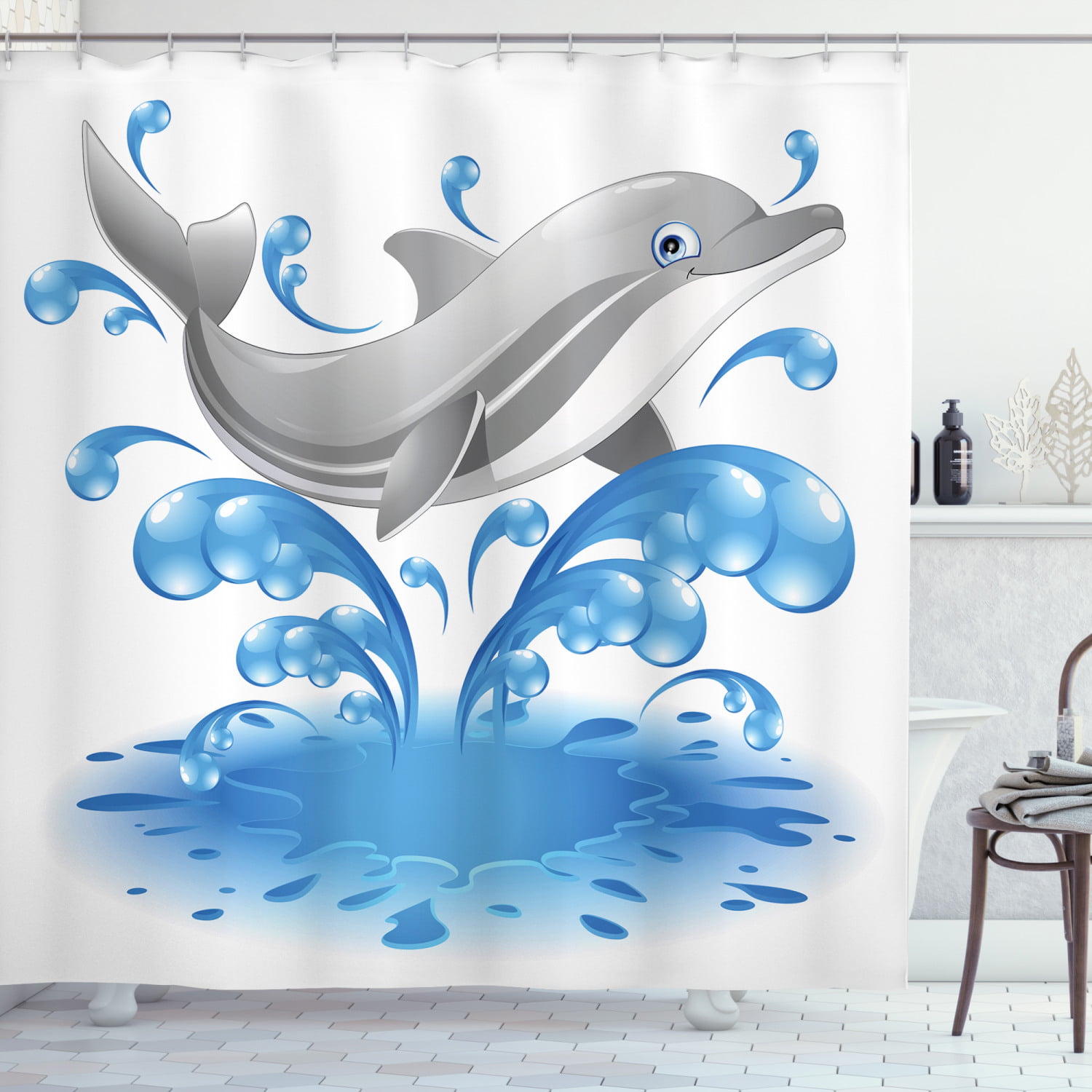 Sea Animals Decor Shower Curtain Set, Dolphin Shower Curtain Hooks