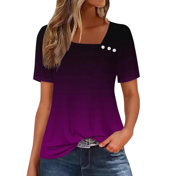 mfyjkho Tops De Moda Para Mujer, Camisa Informal De Manga Corta Con Cuello En V Y Botones Estampados Para Mujer. Tops Para Mujer M