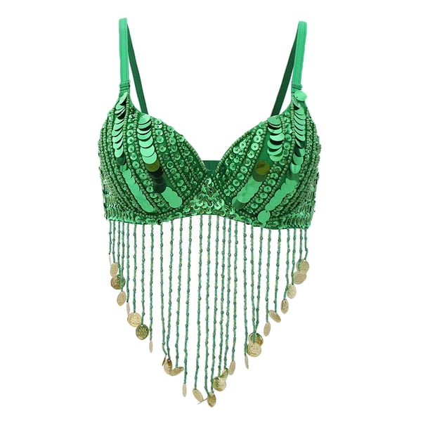 Sujetador Con Cuentas Para Danza Del Vientre, Top Con Borlas Y Lentejuelas, Trajes De Cantante De Baile Sexys, Color Verde SM SunniMix Sujetador de danza del vientre para mujer