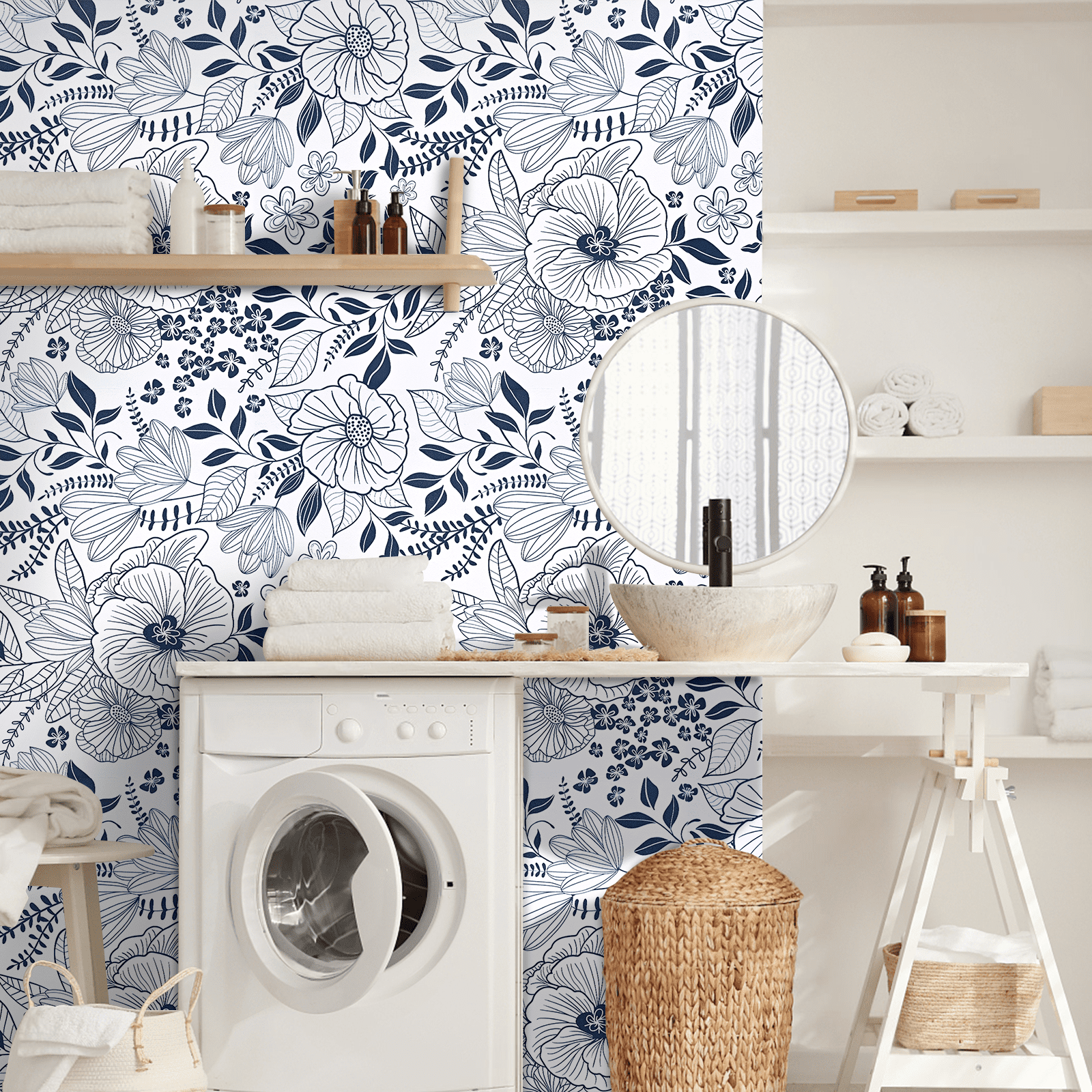 DAZLUTE Peel and Stick Removable Wallpaper White Blue Floral Contact Paper Wallpaper,17.72" x 394"
