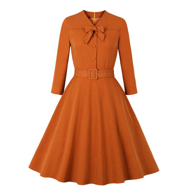 Vestido de mujer a la moda de manga larga con cuello en V, estilo vintage, elegante, con cinturón sólido, para fiesta, con lazo y columpio Fridja NMB3234
