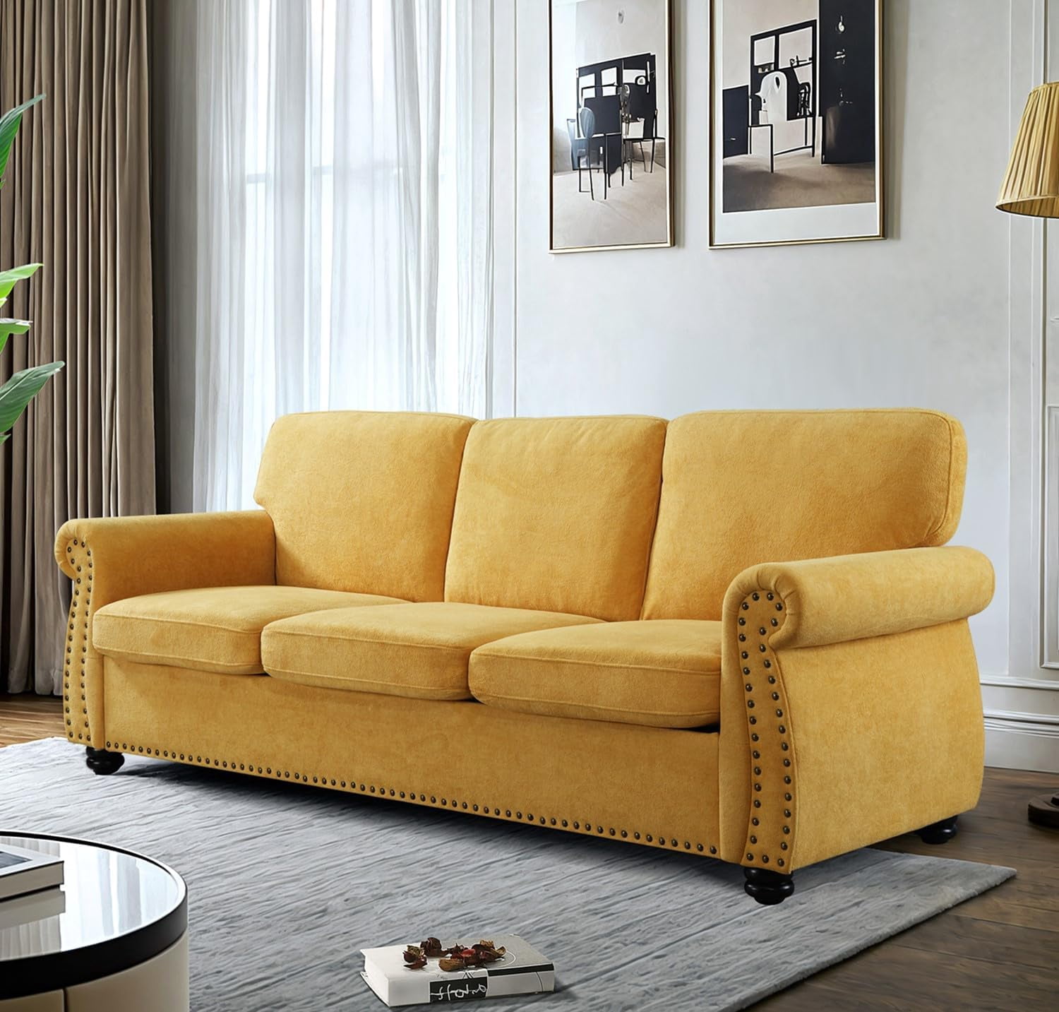 US Pride Furniture 91 in. Wide Rolled Arm Velvet Modern Rectangle Sofa in Yellow For Home