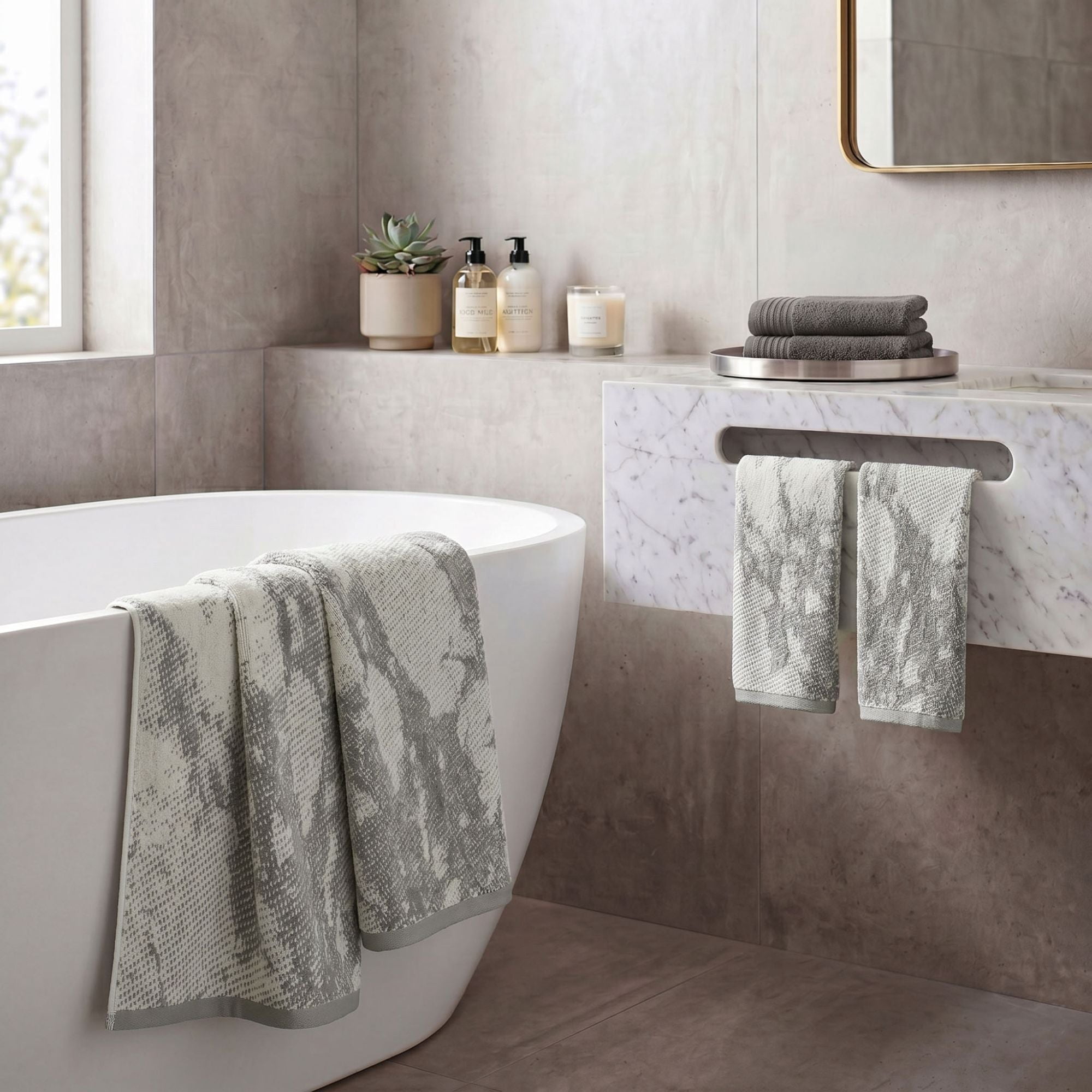 Superior Marble and Solid Jacquard Assorted Cotton 6 Piece Towel Set, Ivory - Charcoal