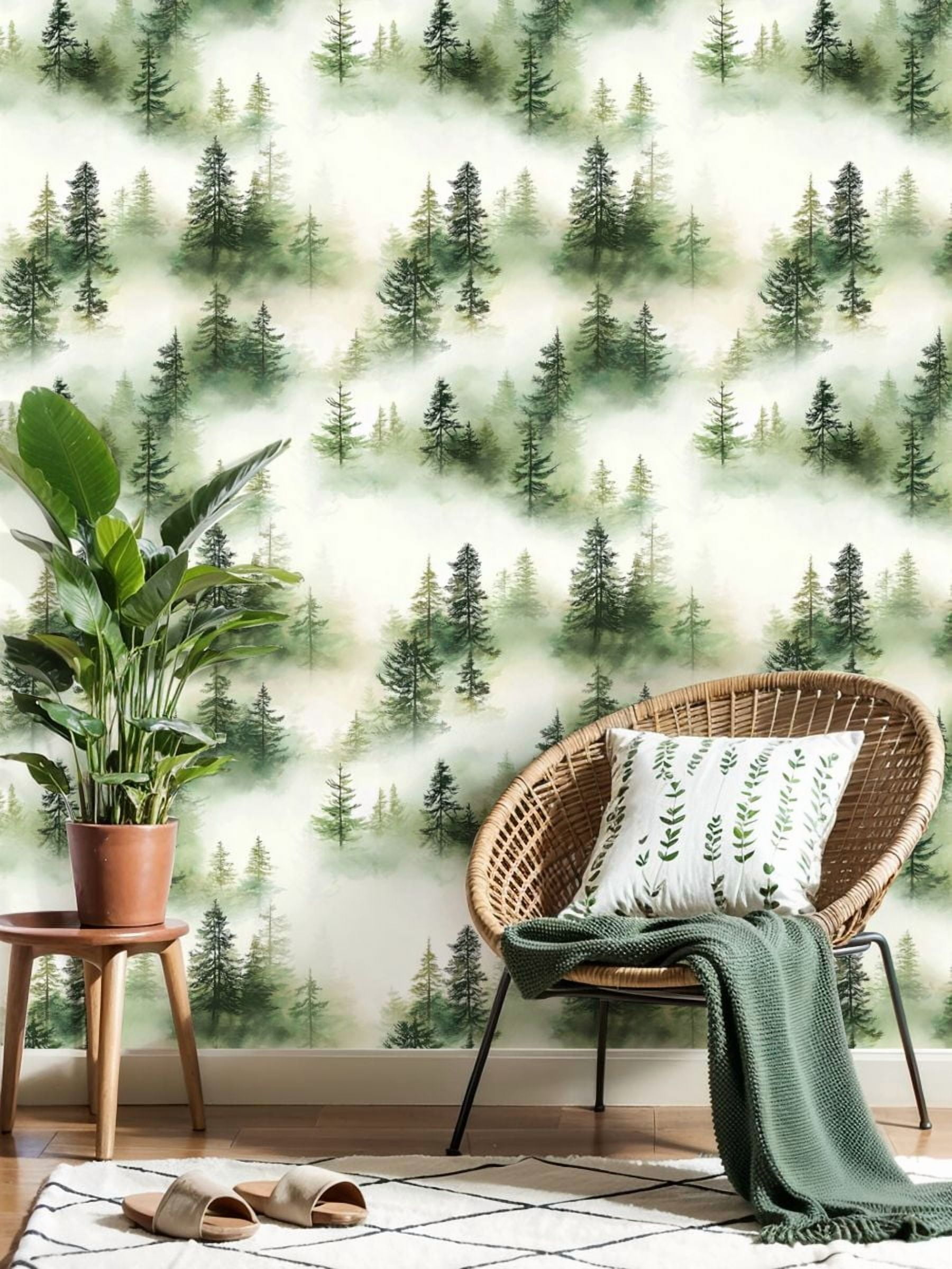 Peel and Stick Wallpaper 17.7in x 9.8ft Pine Forest Fog Watercolor Seamless Green White Hues Contact Paper Vinyl Self-Adhesive Removable Wall Paper for Bedroom DIY Home Decor Renter Friendly