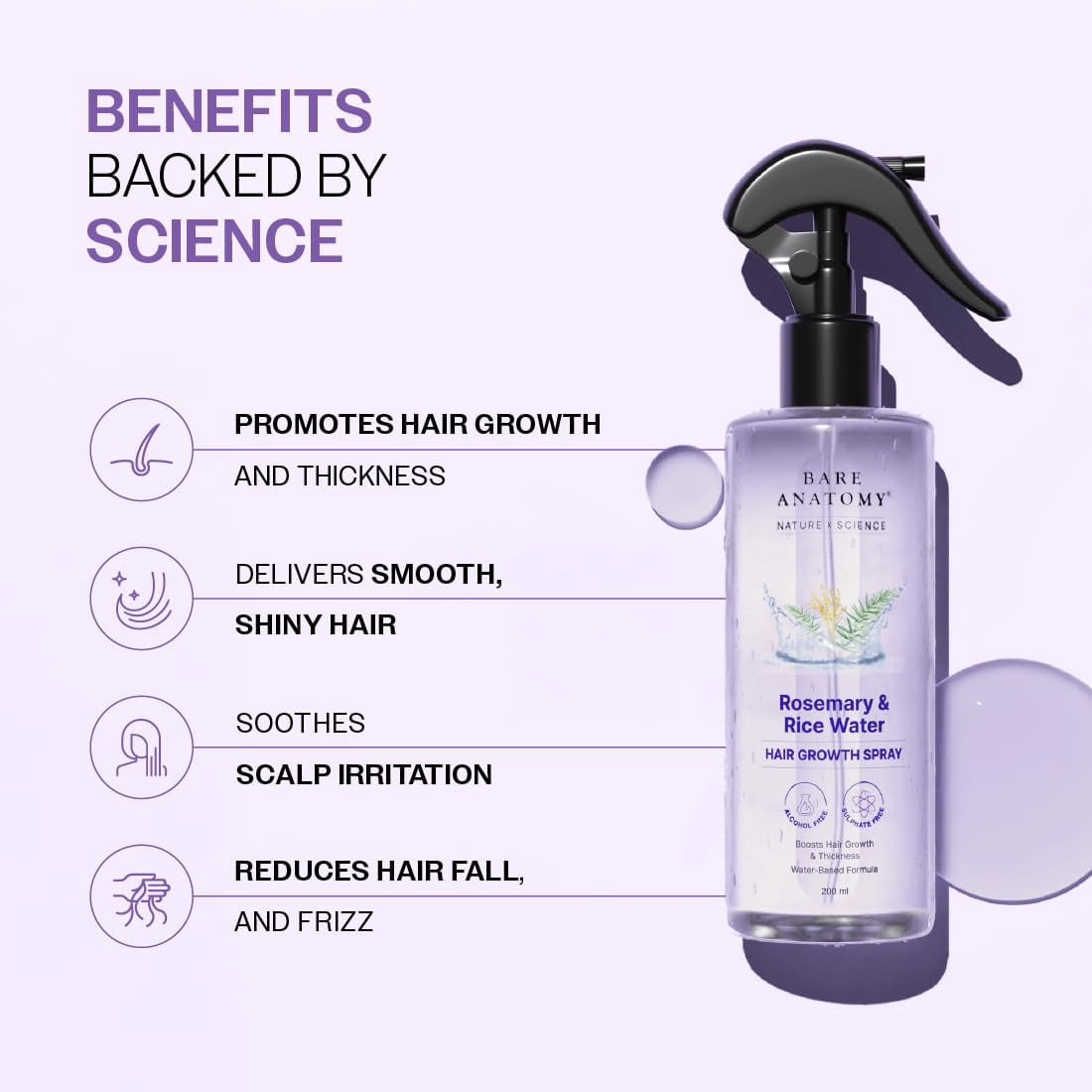 Bare Anatomy Hair Growth & Hair Thickness Wave Hair Spray with Rosemary Water, Rice Water, Non-Greasy, Fast Absorbing, 6.76 fl oz