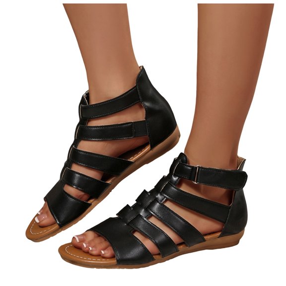 Rokment Wedge Low Heels Gladiator Sandals for Women Beach Roman Casual Leather Hollow out Open Toe Fisherman Flat Dress Summer Shoes Black Size 6