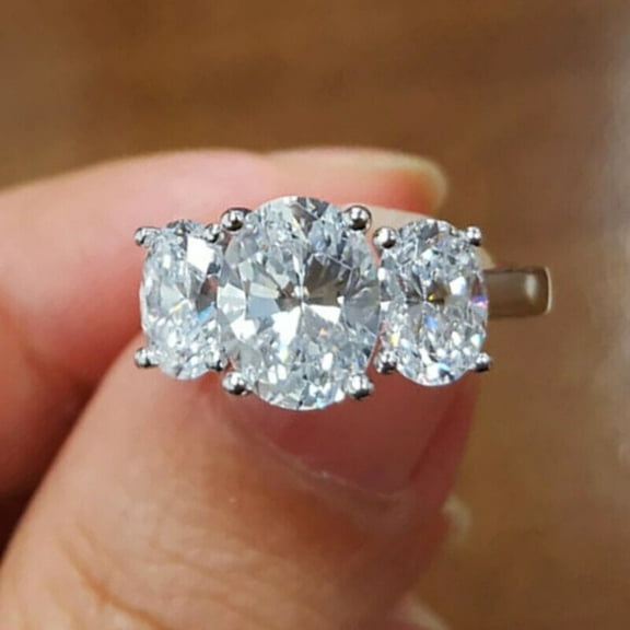 Women's Three Stone Oval Cut White Diamond Engagement Rings 925 Sterling Silver