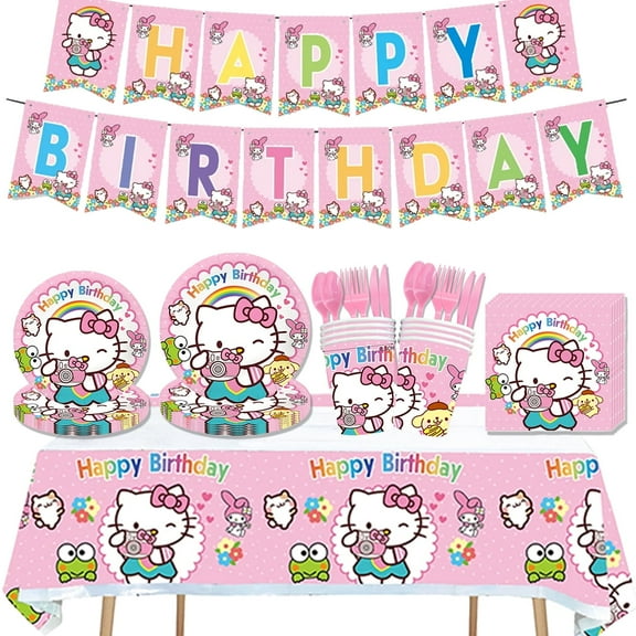 142 PCS Cute Pink Birthday Party Supplies, Cartoon Party Decorations Set,Include Banner,Tablecloth,Plates, Cups,Napkins,Forks,Spoons,Knife,Serves 20 Guests