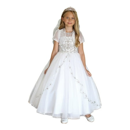 Angels Garment Girls White Satin Tulle Bead Adorned Communion Dress
