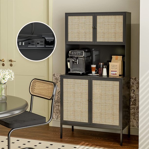 IKIFLY Kitchen Pantry Rattan Storage with Outlet and USB Ports, Kitchen Sideboard Buffet