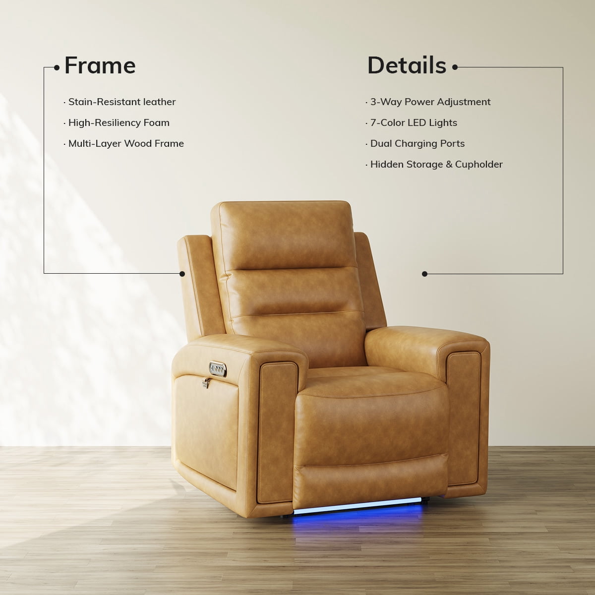 COLAMY Electric Power Recliner Chair with Triple Motor, Adjustable Power Headrest and Lumbar Support, Heavy Duty Home Theater Seating with LED, USB Type-C Ports, Storage, Light Brown