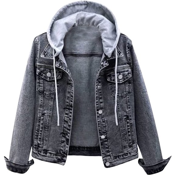Vedolay Fall Tops for Women Women's Ripped Denim Jacket Long Sleeve Button Down Crop Jean Jacket,Gray 5XL