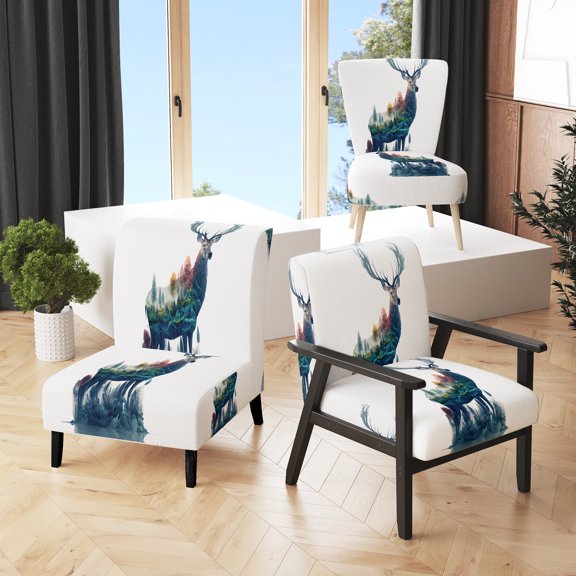 Designart "Deer in the Double Forest" Blue Abstract Upholstered Accent Chair - Modern Arm Chair For Living Room
