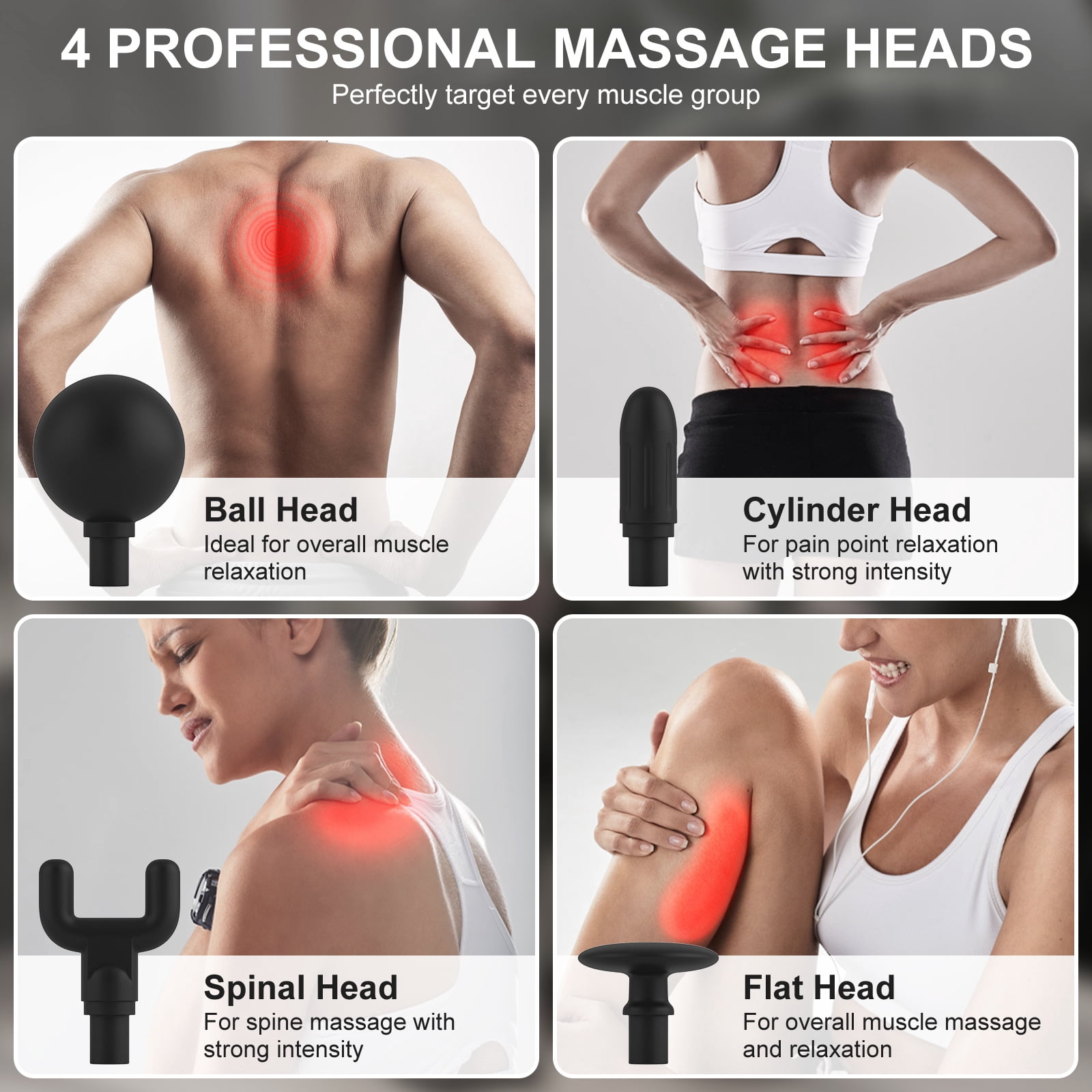 Curved Long-Handle Massage Gun; Portable Percussion Back Massager for Muscle/Neck/Body Pain Relief with Long Extension Metal Handle; 4 Interchangeable Heads