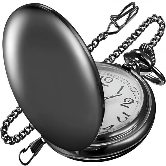 DESIGNICE Smooth Black Pocket Watch for Men Quartz Arabic Digital Dial with Chain