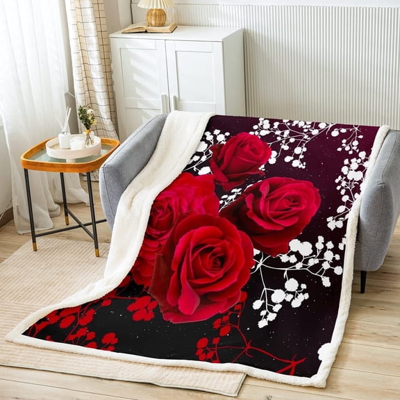 Red Rose Fleece Blanket Throw 50"x60",Rose Flower Throw Blanket,Roses Bed Blanket for Girls Women Couples,Romantic Retro Floral Plush Blanket Valentine''s Day Warm Soft Flannel Blanket for Bed Sofa