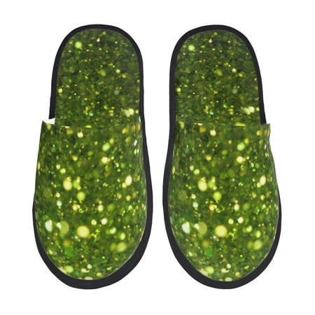 Balery Green Glitter Sparkle Slient Indoor Furry Fleece Comfort House Shoes Soft Non-Slip Home Shoes Cotton slippers House Slippers-- Large