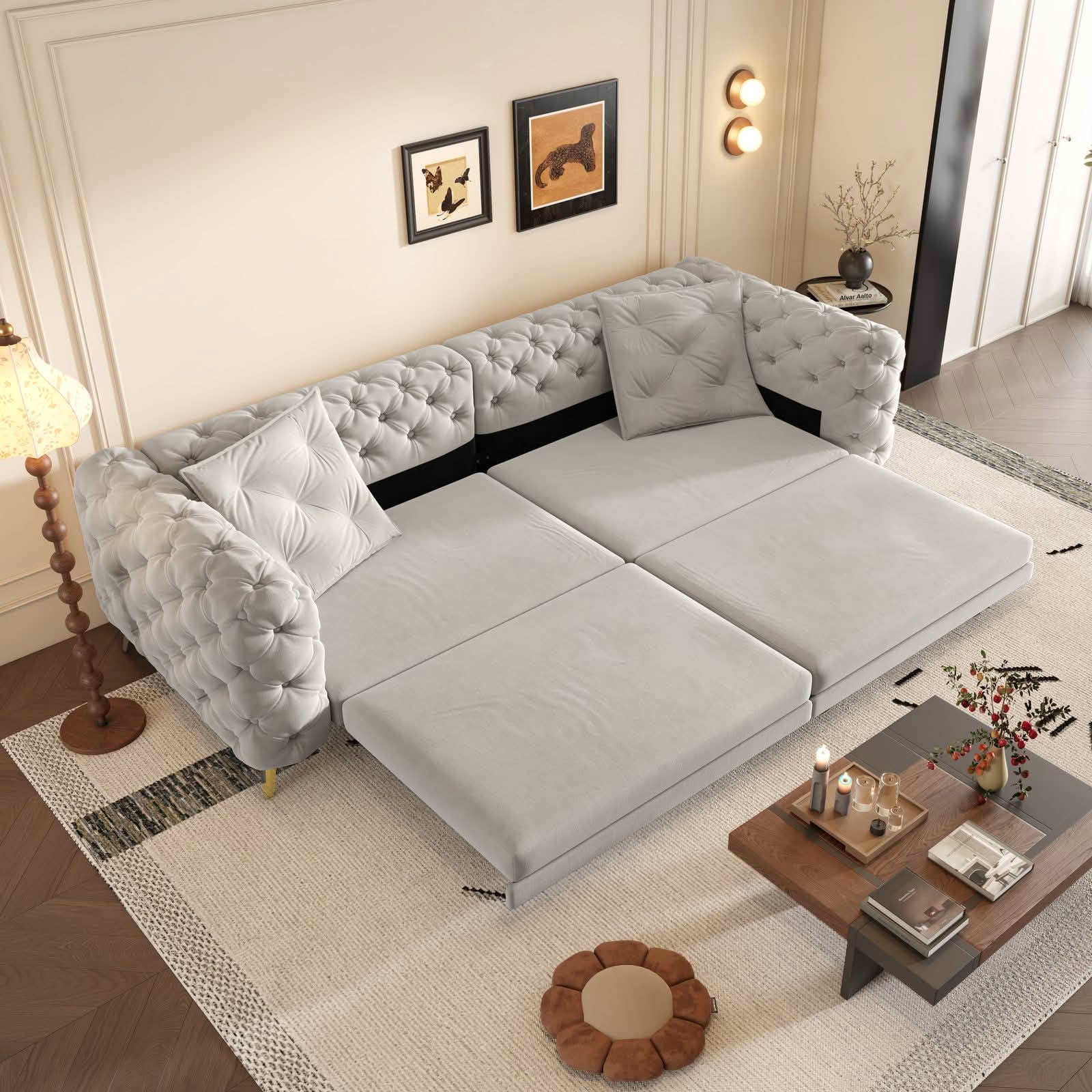 MAYEERTY 97.7" 3‑in‑1 Convertible Sleeper Sofa Bed, Deep‑Seat Tufted Velvet 4‑Seater Couch with Movable Ottoman, 2 Pillows Included