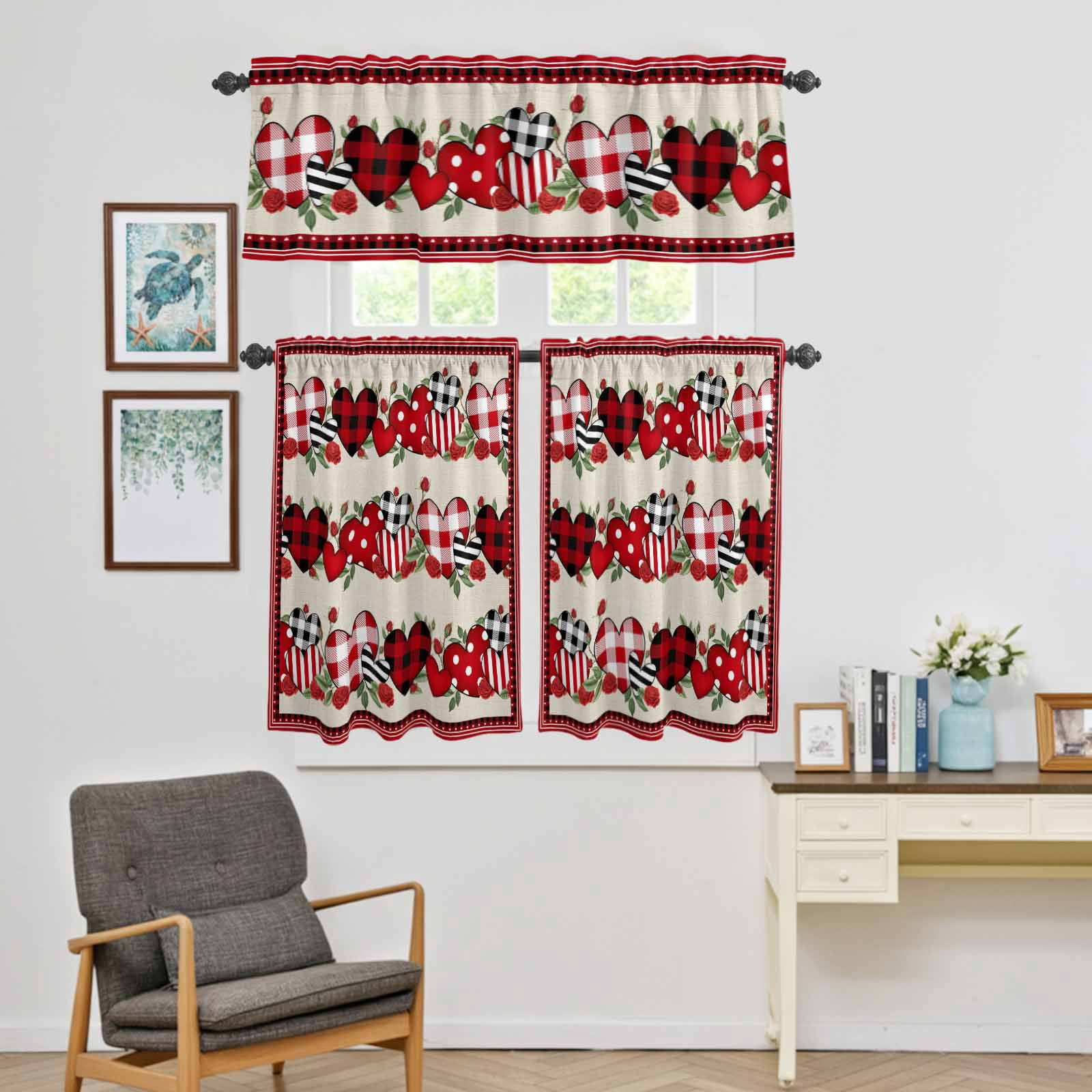 Kitchen Window Curtains Valance and Tier Set, Valentine's Day Love Rose Flower Rod Pocket Tier Curtains and Valance 3 Piece Set, Red Plaid Retro Linen Window Treatment for Bedroom Living Room