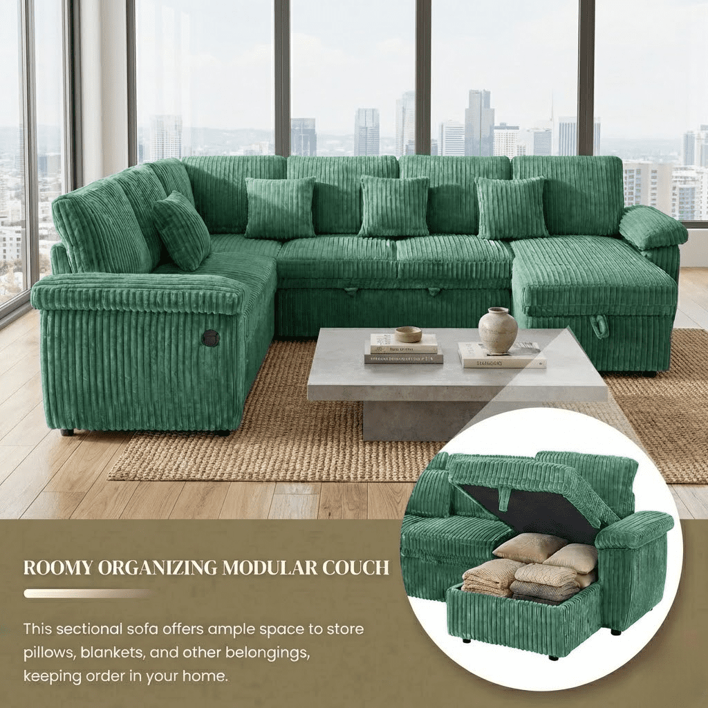 Howcool U-Shaped Sectional Sleeper Sofa with Pull-Out Bed, 7-Seat Convertible Couch, Modular Sofa with Storage Chaise and USB Ports, Plush Corduroy Living Room Furniture,Green(Thick Sponge)