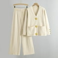 thumbnail image 6 of Women's 2 Piece Outfits Sweater Set Knit V Neck Button Pockets Tops Cardigan High Waisted Wide Leg Pants Lounge Set, 6 of 6