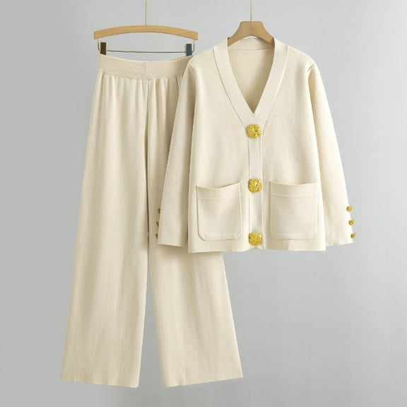 Roncen Women's Autumn and Winter Knit Open Cardigan and Wide Leg Pants Two-Piece Set