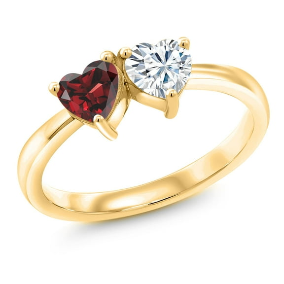 Gem Stone King 18K Yellow Gold Plated Silver 2-Stone Ring 5MM Heart Shape Red Garnet and 5MM Heart Shape White Moissanite | 1.02 Cttw | Wedding Engagement Anniversary Promise Ring for Women | Size 8
