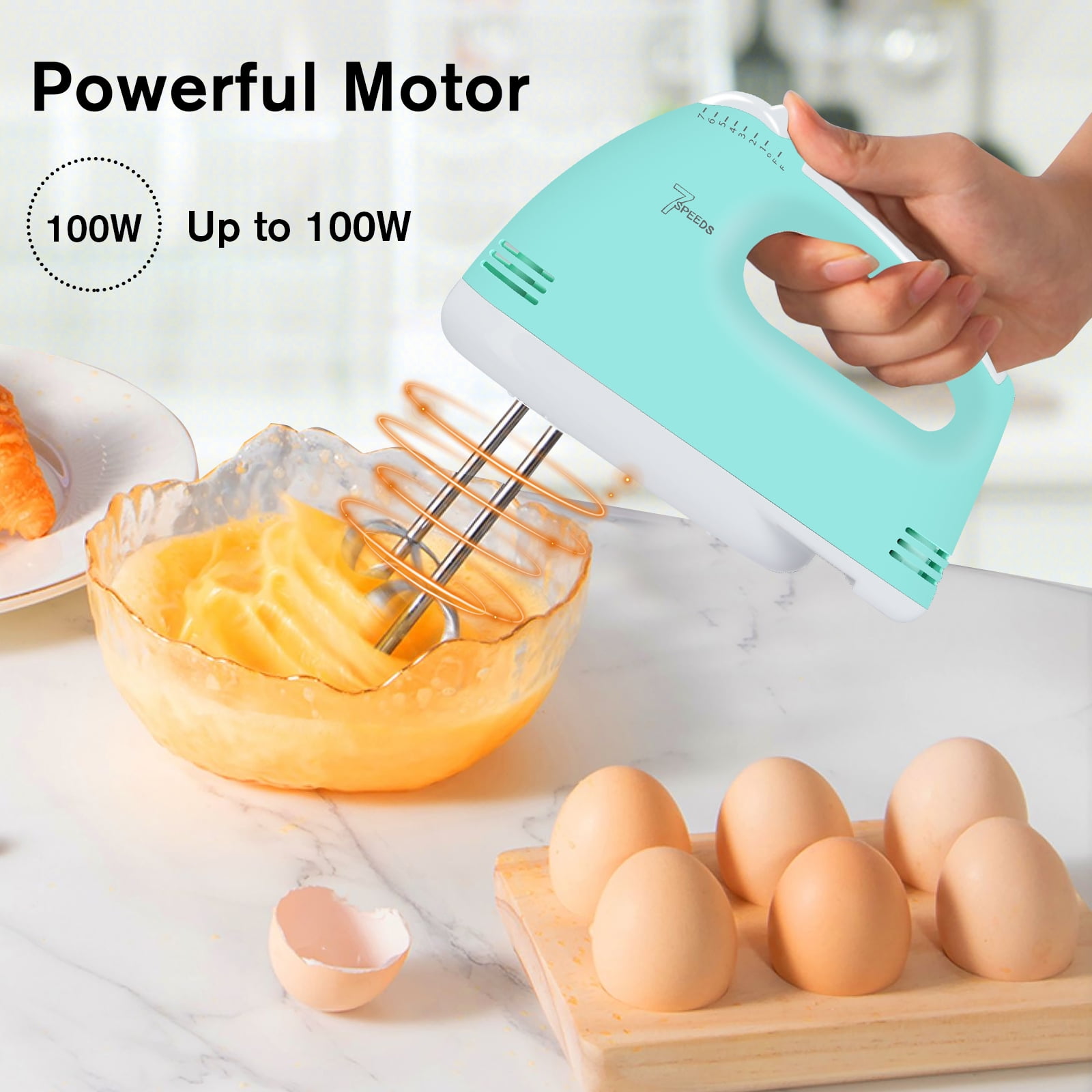 Hand Mixer Electric Lychee 7-Speed Egg Beater with Eject Button and 6  Attachments for Whipping Cream, Dough, Cakes, Bread Maker