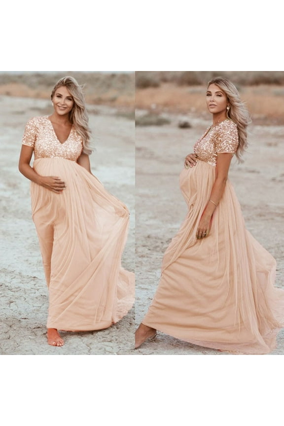 Azrian Sequin Maternity Gown for Special Occasions - Women Pregnants Photography Props Short Sleeve Sequined Solid Dress Flowy V-Neck Sundress