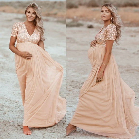 Azrian Sequin Maternity Gown for Special Occasions - Women Pregnants Photography Props Short Sleeve Sequined Solid Dress Flowy V-Neck Sundress