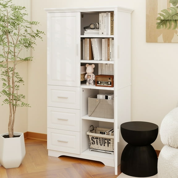 Tall and Wide Storage Cabinet with Doors for Bathroom/Office, Three Drawers, White