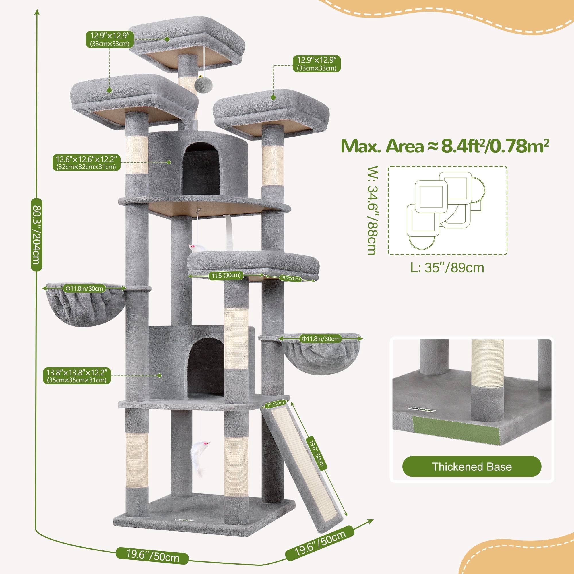 Globlazer 80in Heavy Duty Cat Tree for Large Cats, Multi-Level Cat Furniture Activity Center with 2 Condos, 2 Hammocks, 3 Perches & Sisal Scratching Posts，Light Grey