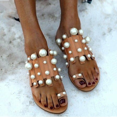 

ERTUTUYI Sandals For Women Girls Roman Flat Pearl Casual Sandals Slippers Beach Shoes Brown 38