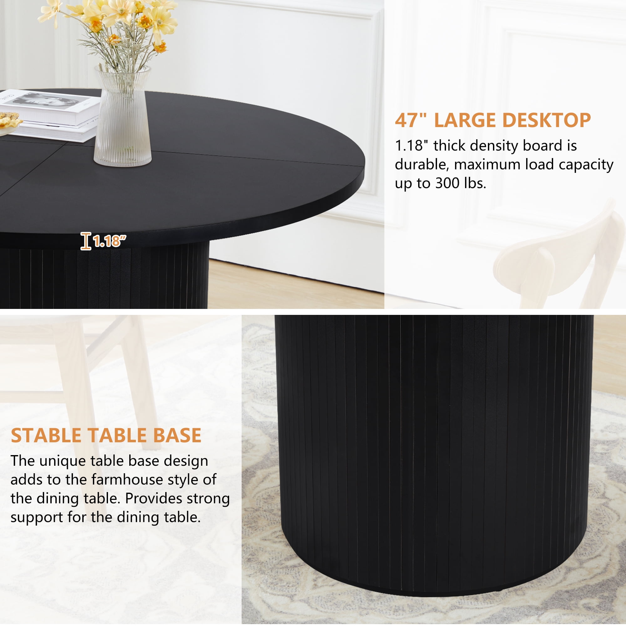 Wirrytor Round Dining Table, Modern Farmhouse Kitchen Table, 47 Inch Coffee Circle Dining Tables with Wood Strip Base for Kitchen Living Room, Black