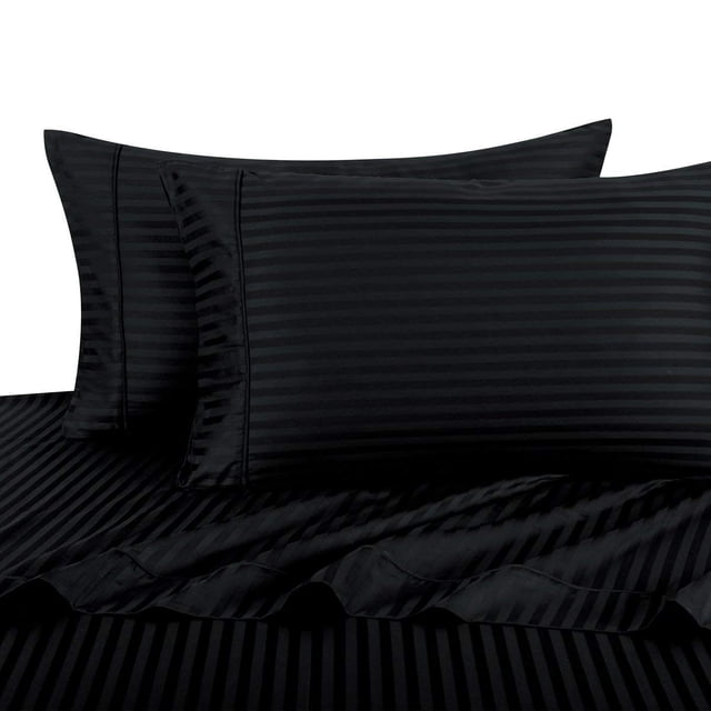 Twin Size Sheets, Black, 100% Cotton Sheets, Deep Pocket, Cool Cotton Sateen, Smooth Striped Pattern Weaved Bed Sheets