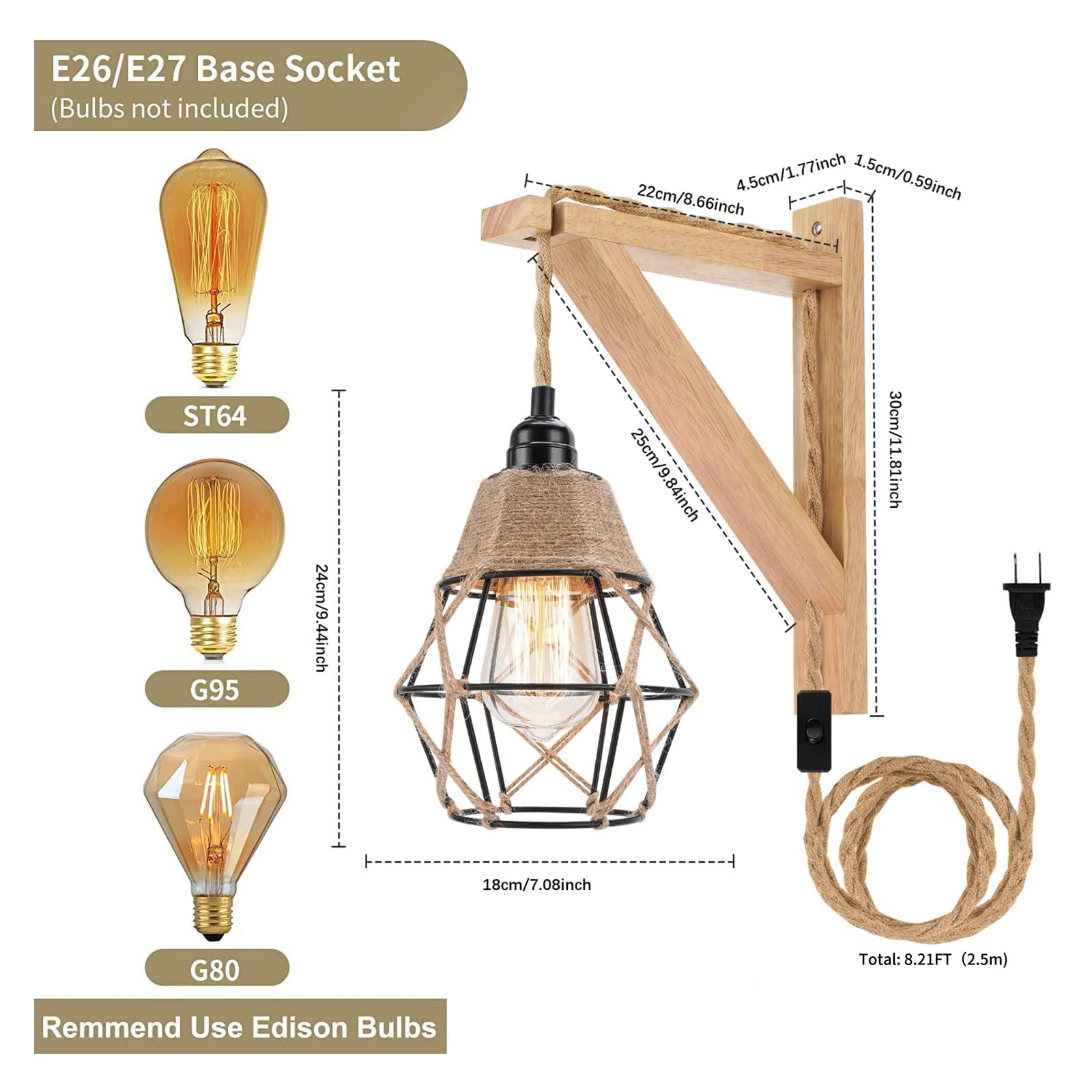 FRIDEKO HOME Plug in Wall Sconces Set of 2, Wood Light Fixtures Industrial Farmhouse Wall Lamps with 8.2 FT on/off Switch Cord, Indoor Metal Cage Wall Lights for Living Room (No Bulbs Included)